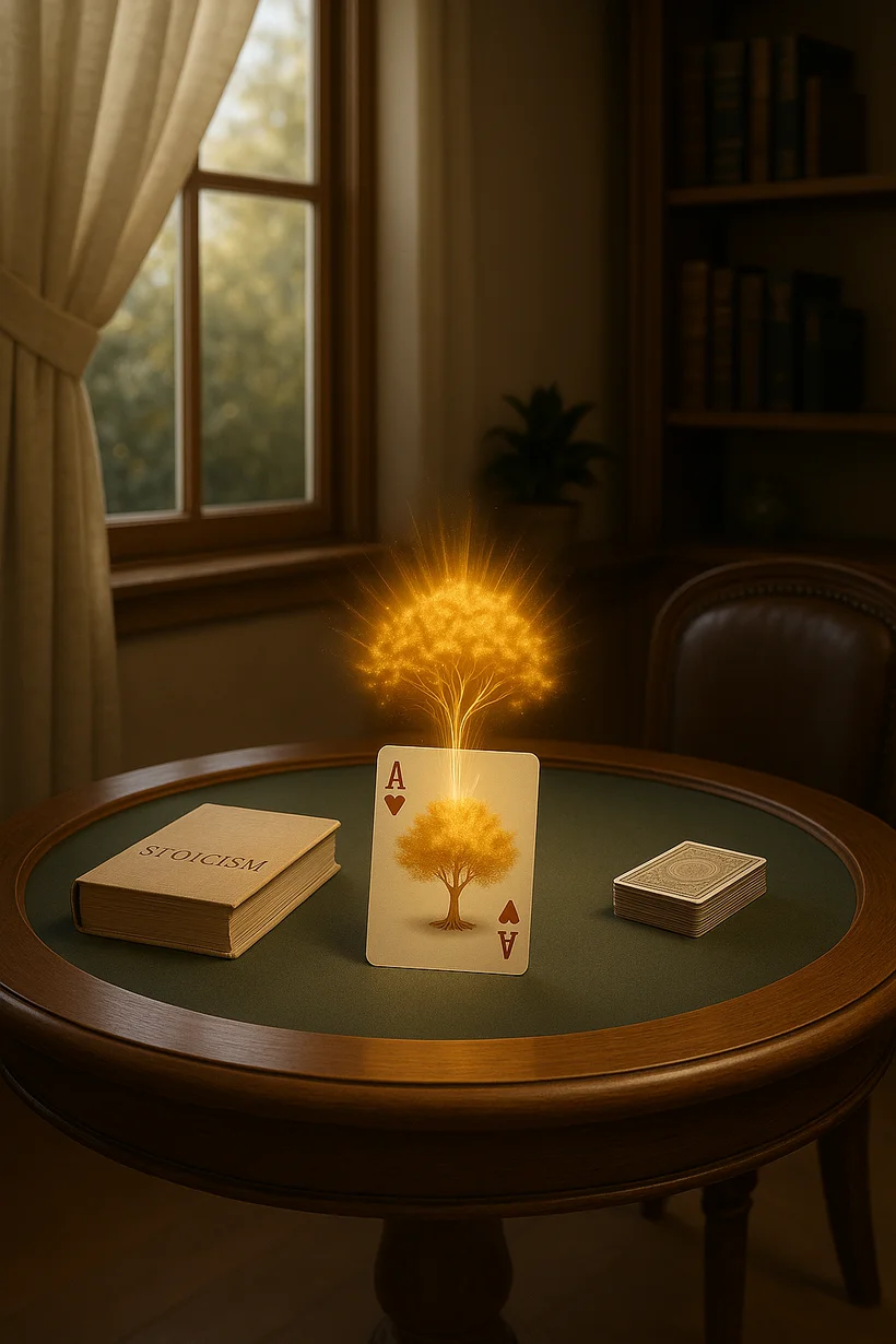 Cozy study room, poker table, coffee; Ace of Hearts glowing into a tree